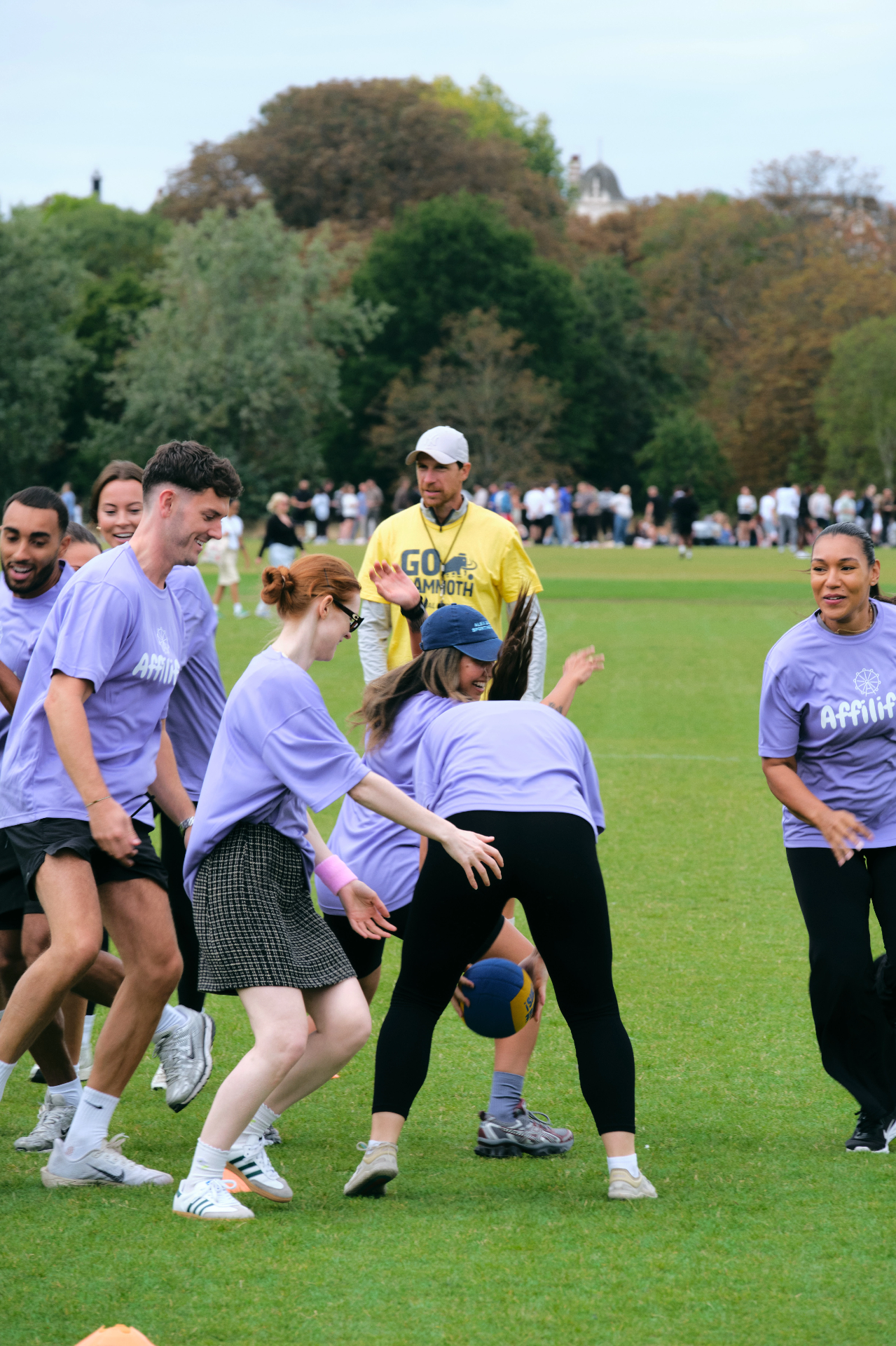 Purple team in the middle of a dodgeball game